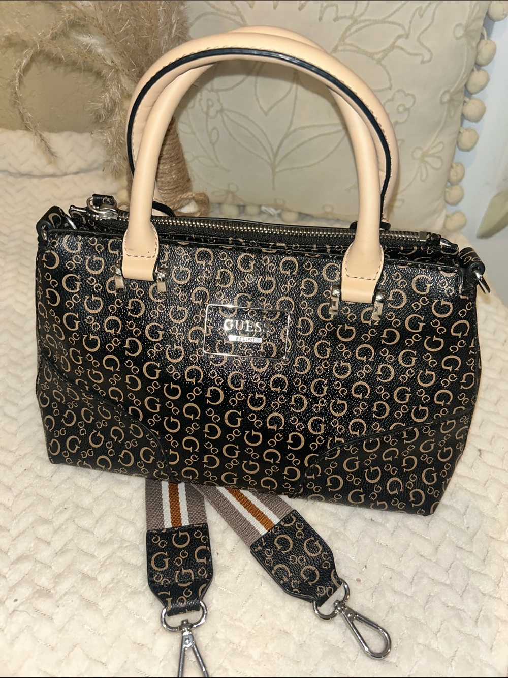 GUESS Black Logo Satchel with Cream Handles